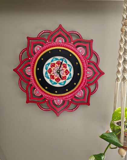 Mystic Aura: Unique Hand-Painted Red Mandala Clock